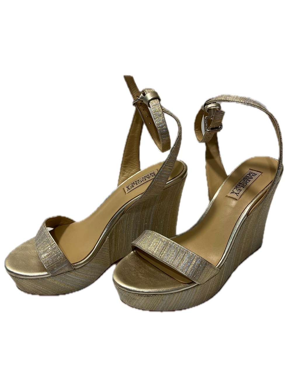 Badgley Mischka Gold Metallic Wedge Ankle-Strap Evening Sandals Size 7
